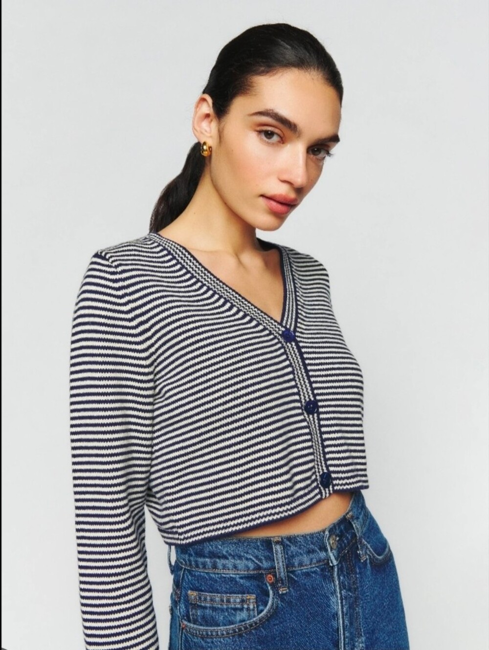 Reformation Justine Cotton Navy & White Striped Cropped Cardigan